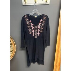 Anthropologie Akemi + Kin Womens Small Navy Embroidered Sweater Tunic Side Slits